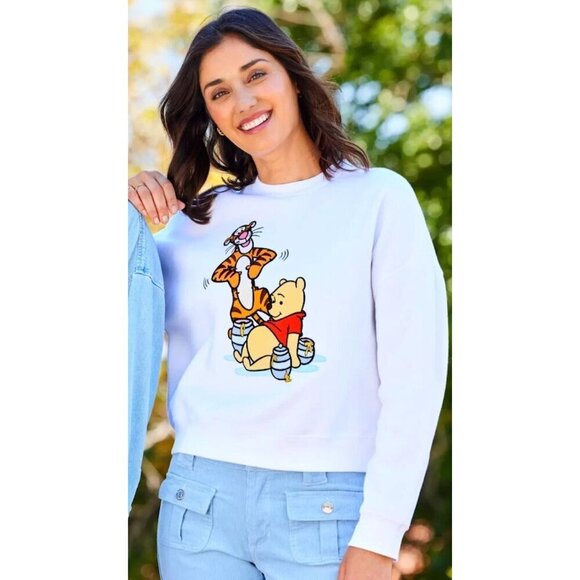 Disney Tops - Disney Womens Winnie Pooh Tigger Embroidered Crop Sweatshirt Small White SP NWT